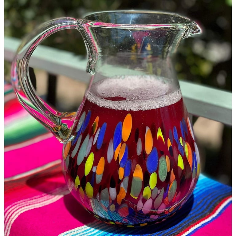 Hand Blown Spanish Sangria Pitcher with Handle, Mexican Water Jug Glass  with Confetti Rock Design (84 oz)