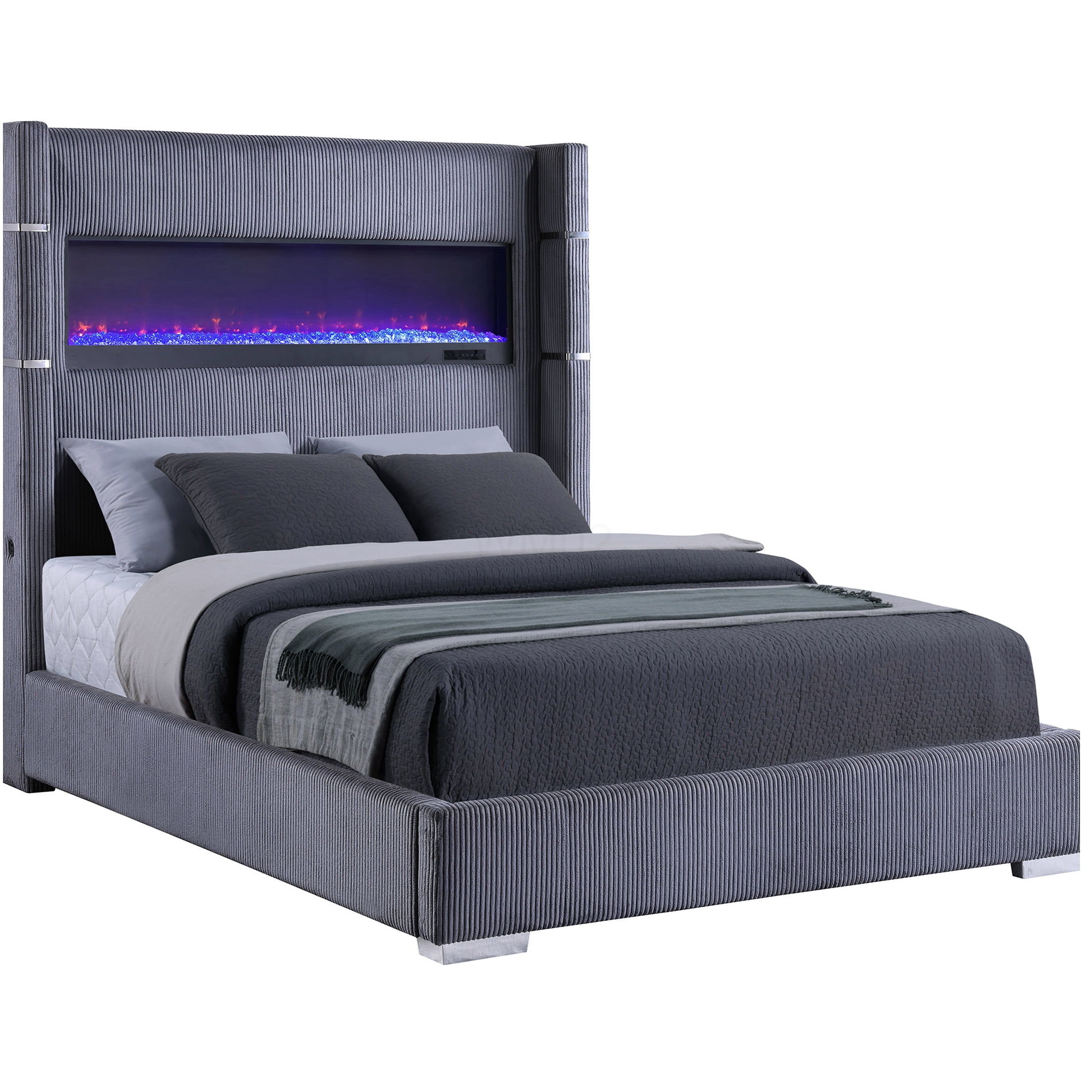 Modern Upholstered Queen Size Bed Frame with RGB LED Flame Effects and Remote Control