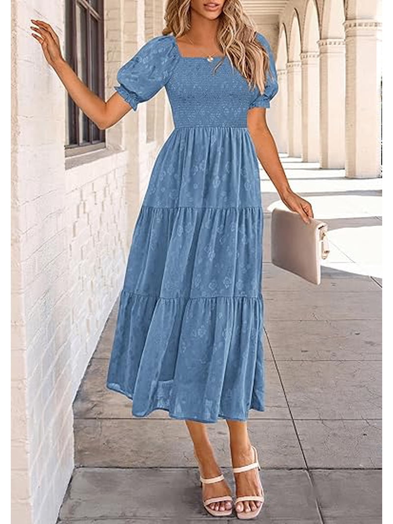 midi dresses 2025 TqaSer Womens Dresses 2025 Summer Casual Plain Ruffle Trim Ruched Waist Midi Dress at Amazon Women's Clothing store