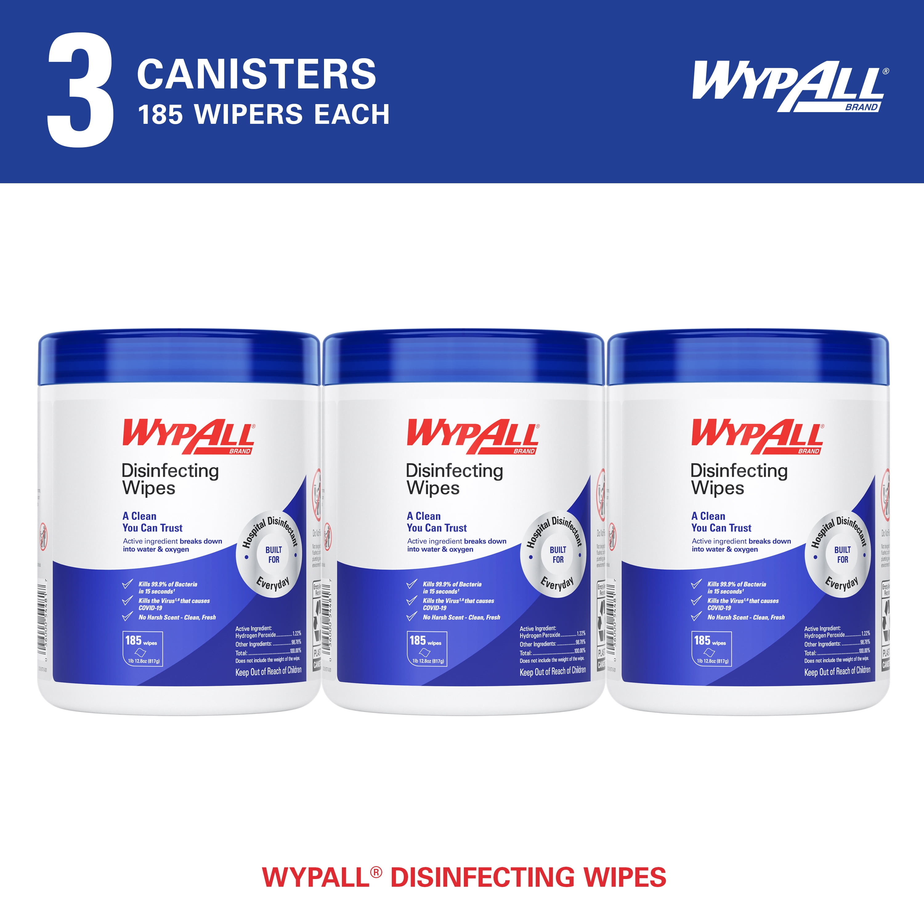 WypAll Brand Disinfecting Wipes (54481), with Hydrogen Peroxide Disinfectant Cleaner for Commercial, Industrial & Healthcare, 5.75 x 7 inch Sheets, Fresh Scent (3 Canisters of 185 Sheets)