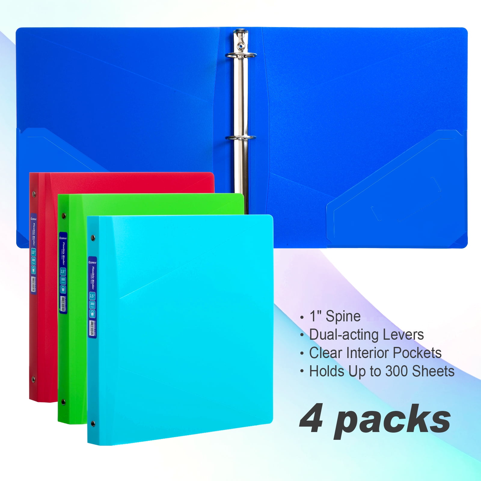 Comix 1.5 inch 3 Rings Binder with Pockets,Round Ring, 300 Sheets,Flexible, 4-Pack Assorted Color