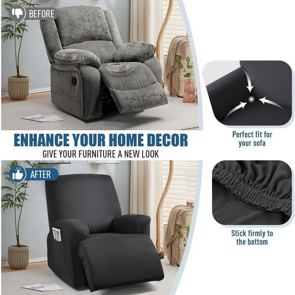 Recliner Chair Covers Stretch Polyester Fabric 4-Pieces for Large Recliners, Soft, Breathable and Skin-Friendly Furniture Protector, Washable (Gray, Recliner Chair Cover)