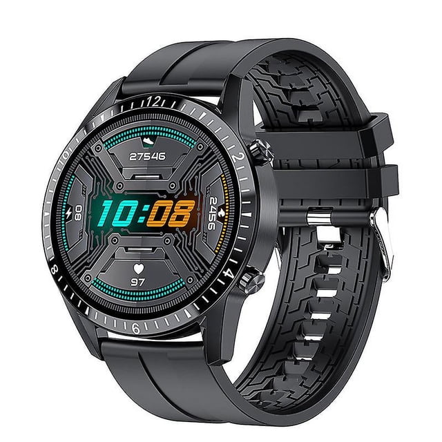 reloj inteligente para hombre, ip67, resistente al agua, deportivo, con monitor de frecuencia cardíaca, oxígeno en sangre y presión arterial, reloj inteligente con pantalla táctil completa caja redonda con pantalla táctil a color mostrada en 3/4, esfera digital con hora 10:08 y contadores de pasos y batería; bisel con marcadores, dos botones laterales y correa deportiva negra texturizada con hebilla metálica sobre fondo claro. Ideal para seguimiento de 8 modos deportivos y monitoreo continuo de frecuencia cardíaca, presión arterial y oxígeno en sangre; también suele usarse para registrar sueño y actividad durante viajes.