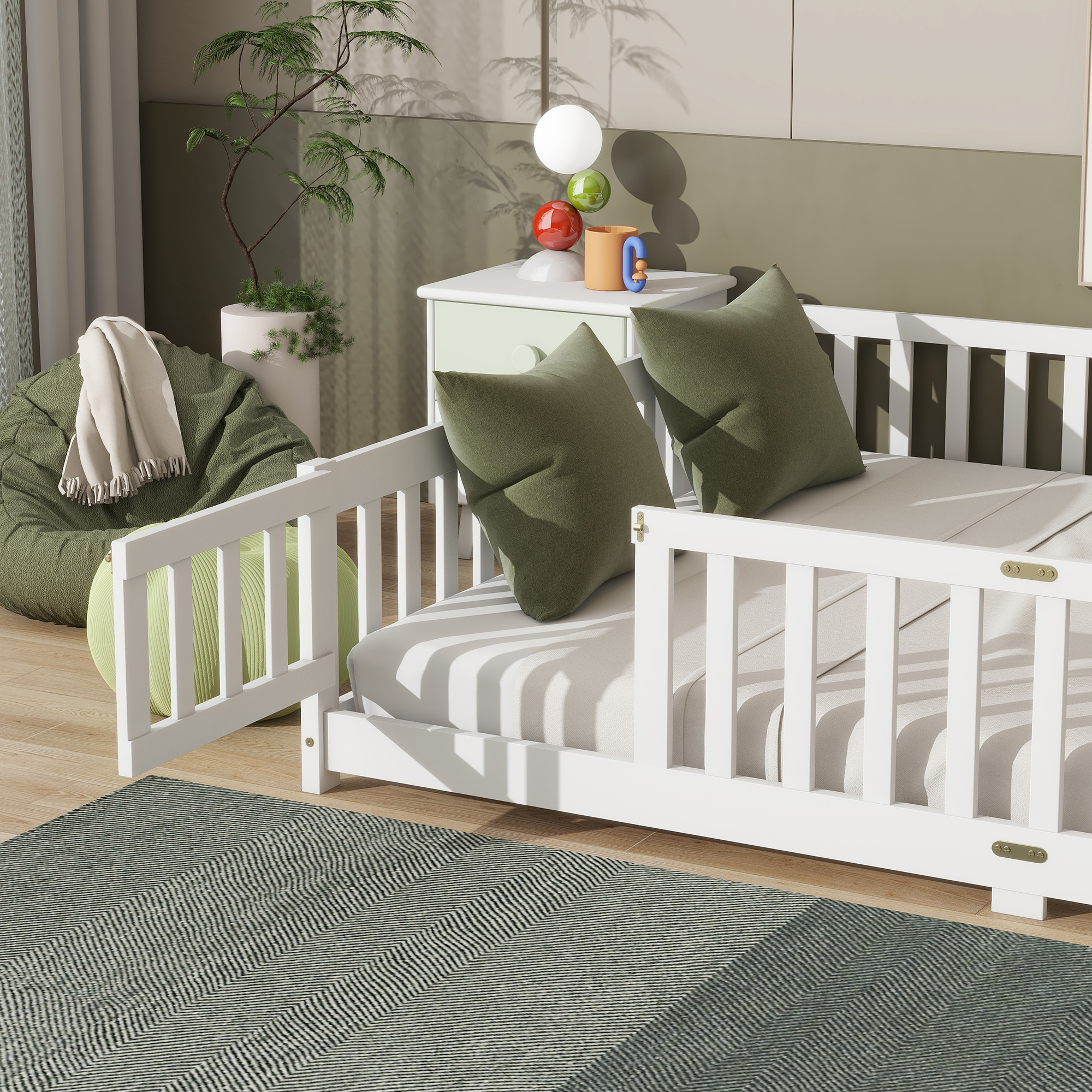 Leumius Queen Size Floor Bed with Fence and Door, Montessori Floor Bed with Safety Guardrails for Boys Girls White