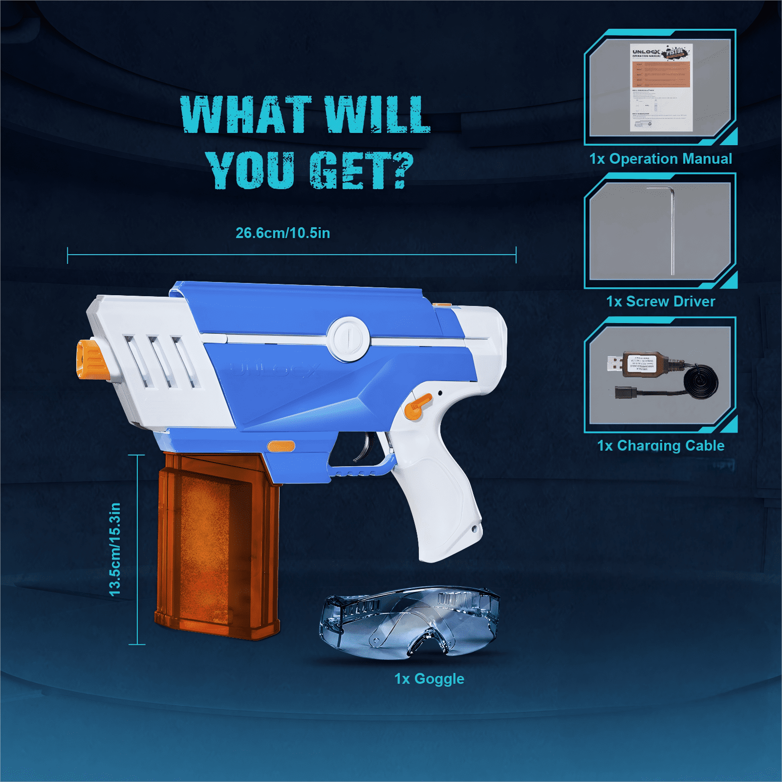 UnlocX Gel Blaster Kit - Continuous Fire Rechargeable, Blue, Ages 14+