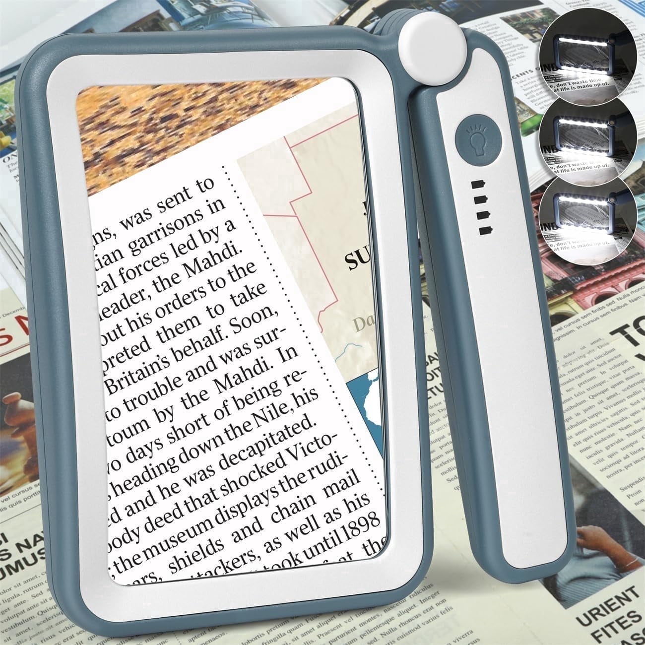 Large Rechargeable Handheld Magnifying Glass with Light, Folding Dimmable Rectangle Lens for Seniors Reading Small Print - Blue White
