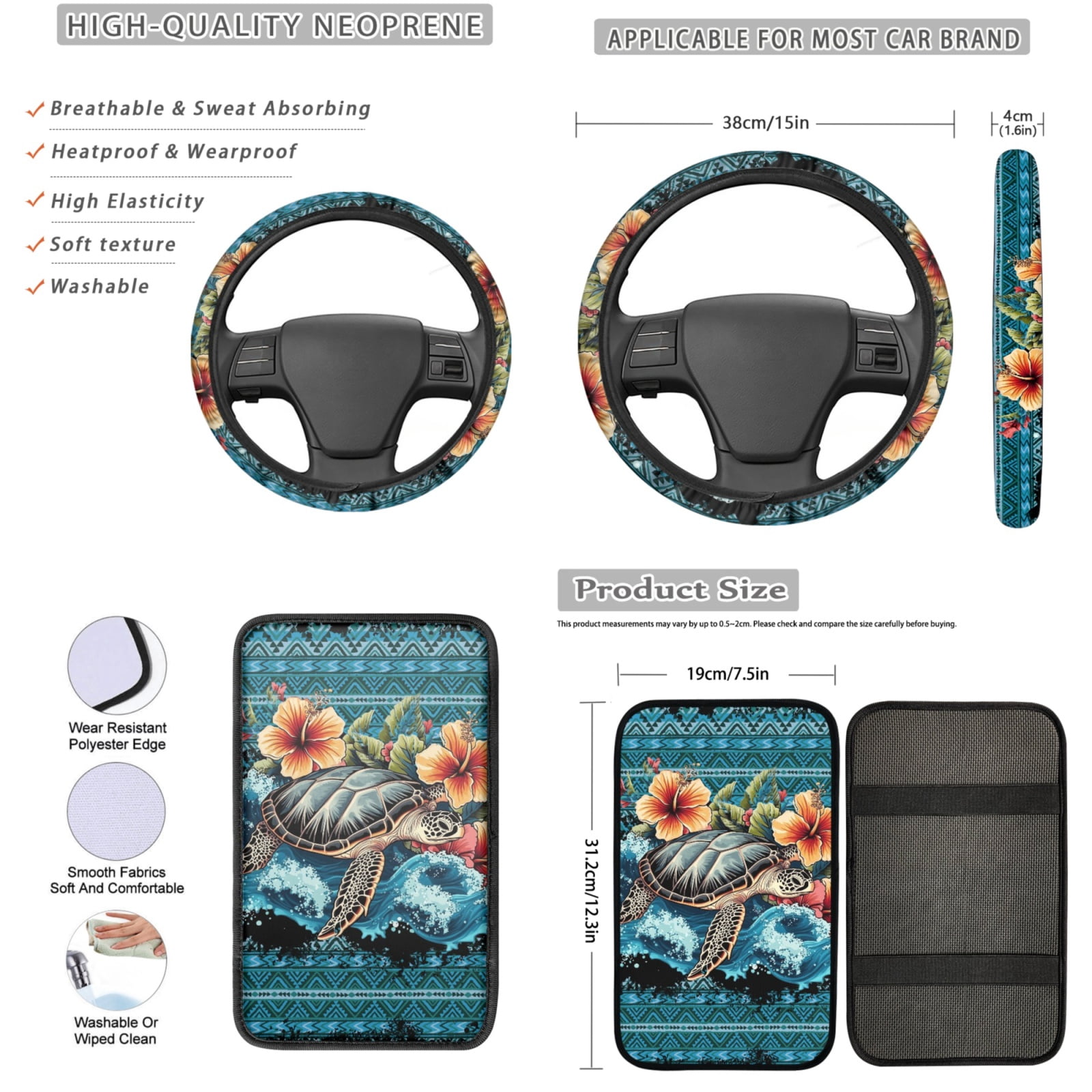 Yuyamidu Aztec Sea Turtle Car Seat Cover Set with Steering Wheel Cover Seat Belt Pad Cup Holder Hibiscus Auto Armrest Cover for Most Cars SUVs