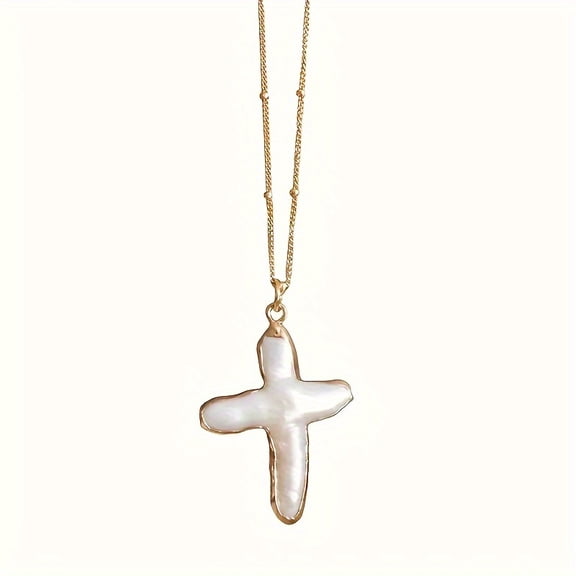 [1pc Cross Necklace] 1pc Simple Fashionable Cross Necklace | Thick Large Artificial Pearl Pendant, Women's Jewelry Gift
