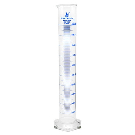 Measuring Cylinder, 2000ml - Class A, as per DIN EN ISO 4788 - Sub. Div.: 20.0 ml, Tolerance: 10.00 ml - Hexagonal Base with Spout, Blue Graduations - Borosilicate Glass - Eisco
