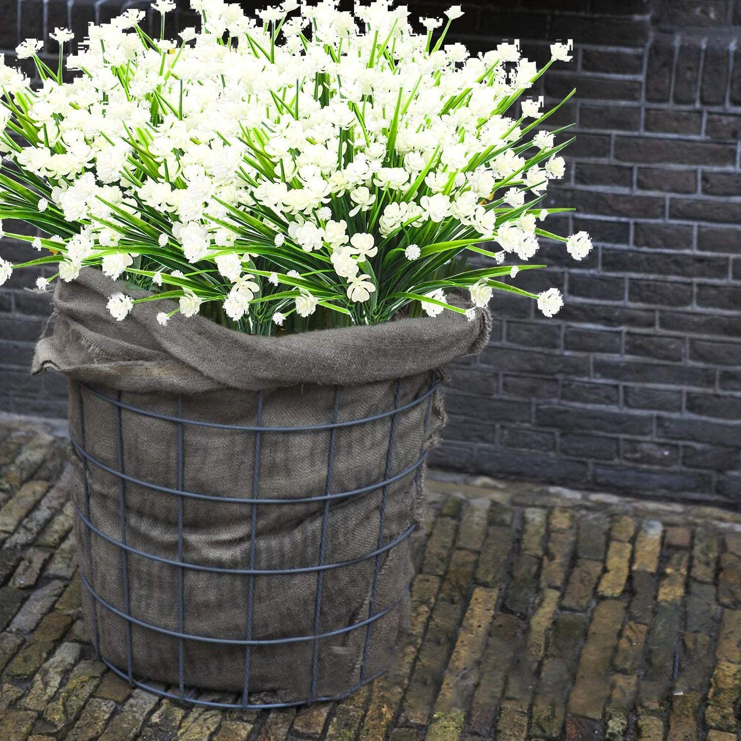Sinhoon 20 Bundles Artificial Flowers for Outdoor Decoration, UV Resistant Faux Outdoor Plastic Greenery Shrubs Plants Fake Flowers Hanging Planter Home Garden Decor (White)