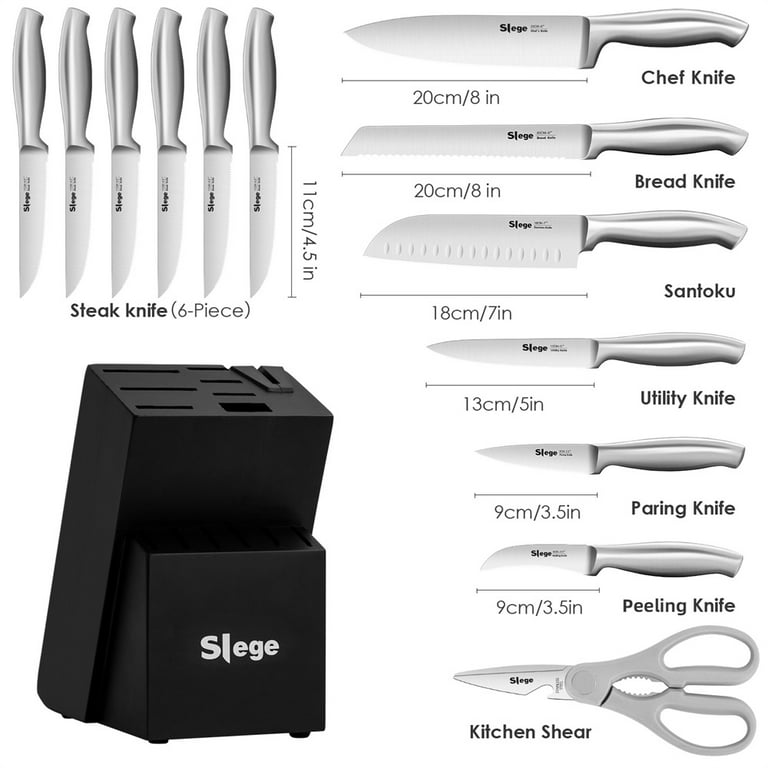 Slege 15 Pcs Rust Proof Kitchen Knife Set with Block and Sharpener  ,Built-in Sharpener, Stainless Steel Knife Block Set, Professional Chef  Knife Set