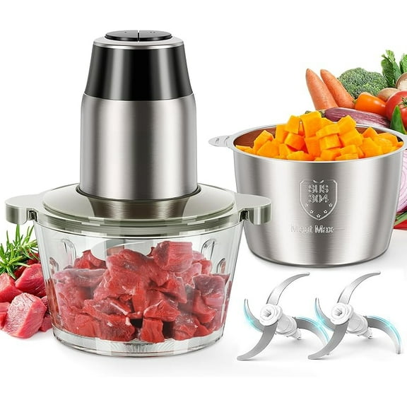 Food Processors, Electric Food Chopper with Meat Grinder & Vegetable Chopper - 2 Bowls (8 Cup 8 Cup) with Powerful 450W Copper Motor - Includes 2 Sets of Bi-Level Blades for Fruits/Meat/Nuts