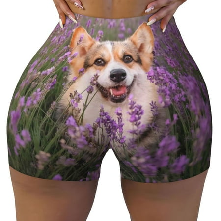 Workout Shorts Women  Dog in Lavender Flowers Biker Shorts for Women Running Gym Spandex Shorts Tummy Control