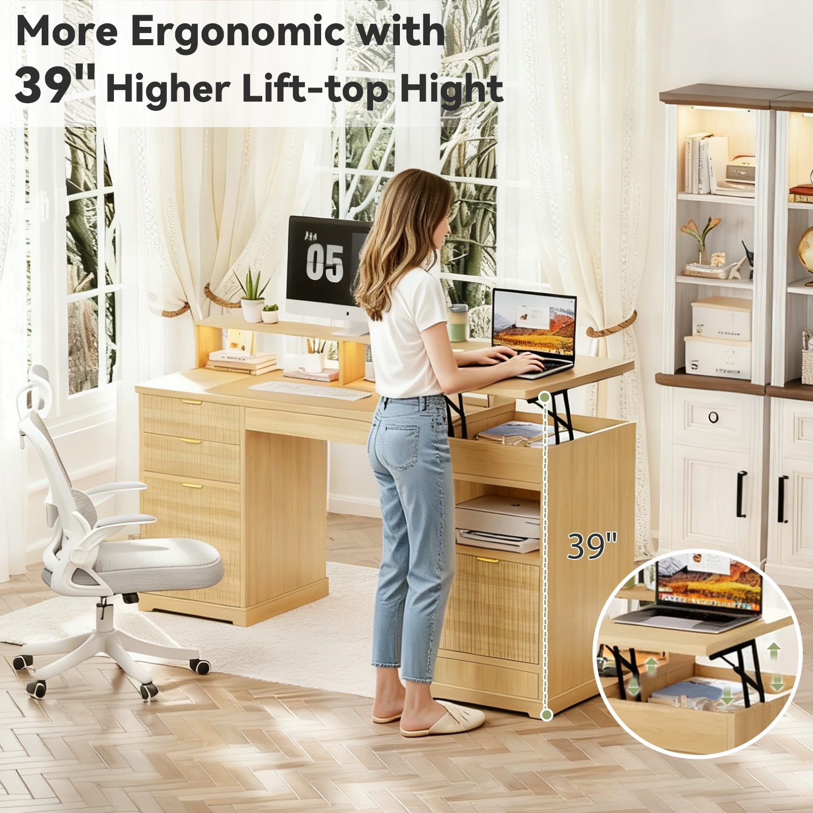 Cyehnenx Executive Desk with Lift Top, 63" Fluted Home Office Desk with LED Light, Charger, 3 File Drawers, Farmhouse Gaming Desk, Wood