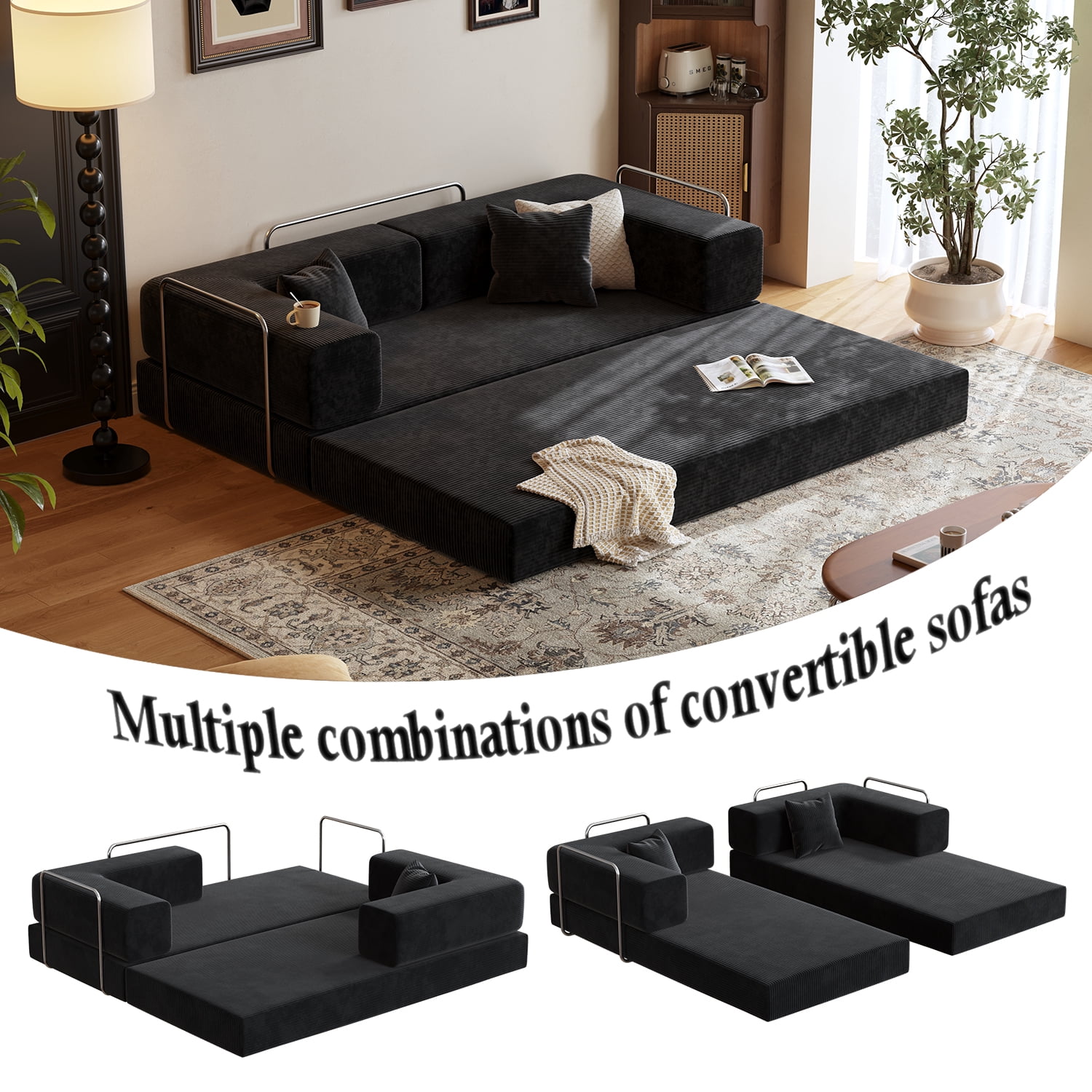 Lodeija 80.3" 5-in-1 Convertible Futon Sofa Bed, Black Corduroy Tatami Sleeper Couch for Small Spaces, 2 Pillows
