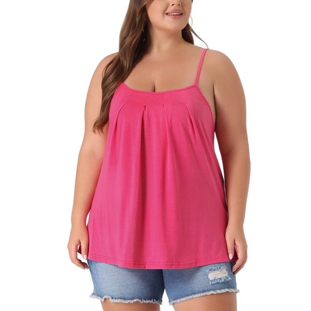 CURVY GLAM Camiseta sin mangas básica plisada elegante para mujeres de talla grande, con tirantes ajustables, 2X, color rosa intenso