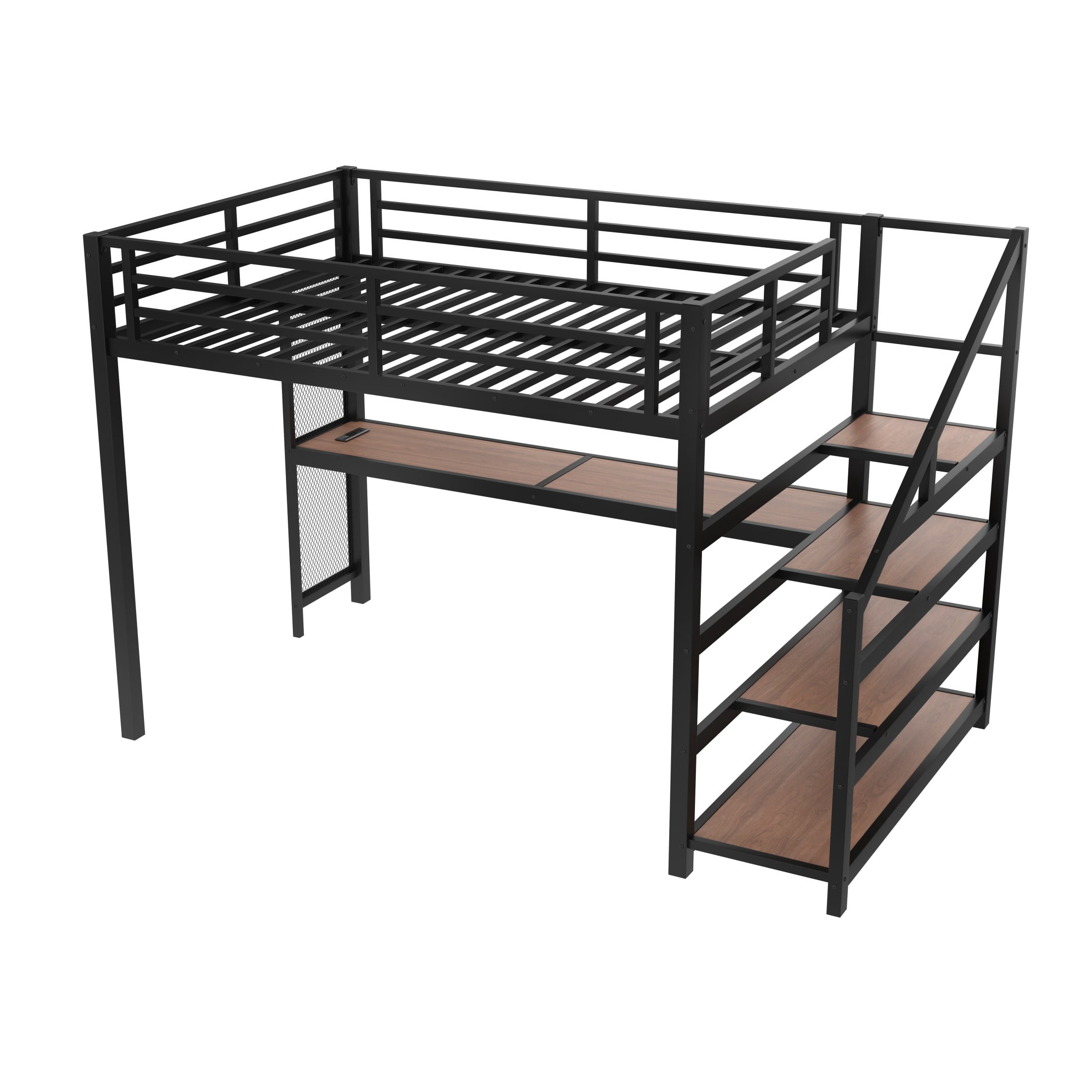 Aukfa Full Size Metal Loft Bed with Desk, Storage Stairs, LED Lights & USB Ports, Heavy-Duty Noise-Free Bed Frame for Teens, Kids & Adults, Black