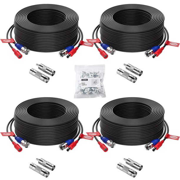 Zosi 4 Pack 100ft 30 Meters 2 In 1 Video Power Cable Bnc Extension Surveillance Camera Cables For Video Security Systems Included 4x Bnc Connectors And 4x Rca Adapters Black Color 100 Walmart Com Walmart Com