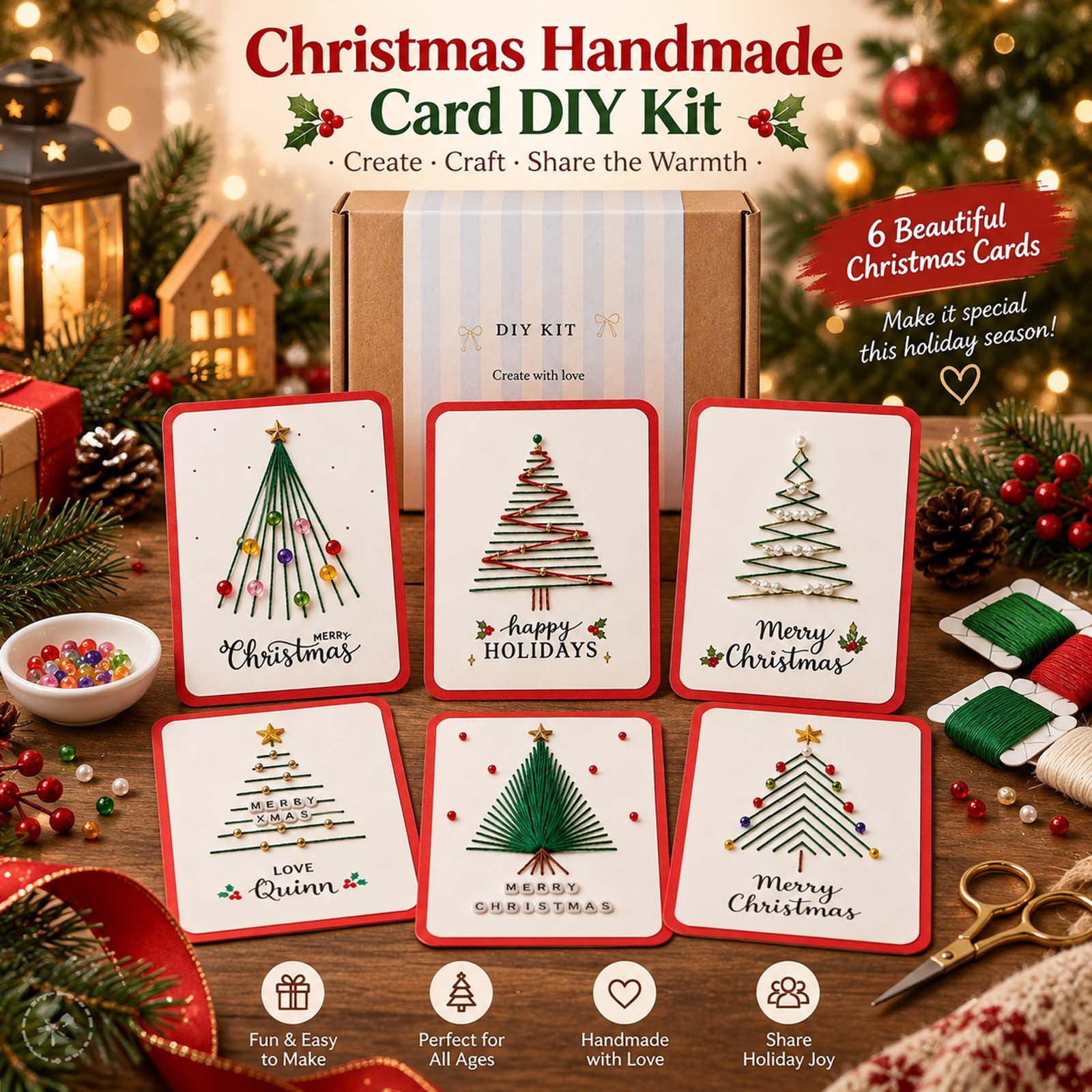 Merry Christmas DIY Kit 6 Pack Hand Stitched Christmas Cards DIY Beaded Embroidery Greeting Card Set Handmade Christmas Tree Note Cards for Holiday Gifts Festive Seasonal Greetings Set