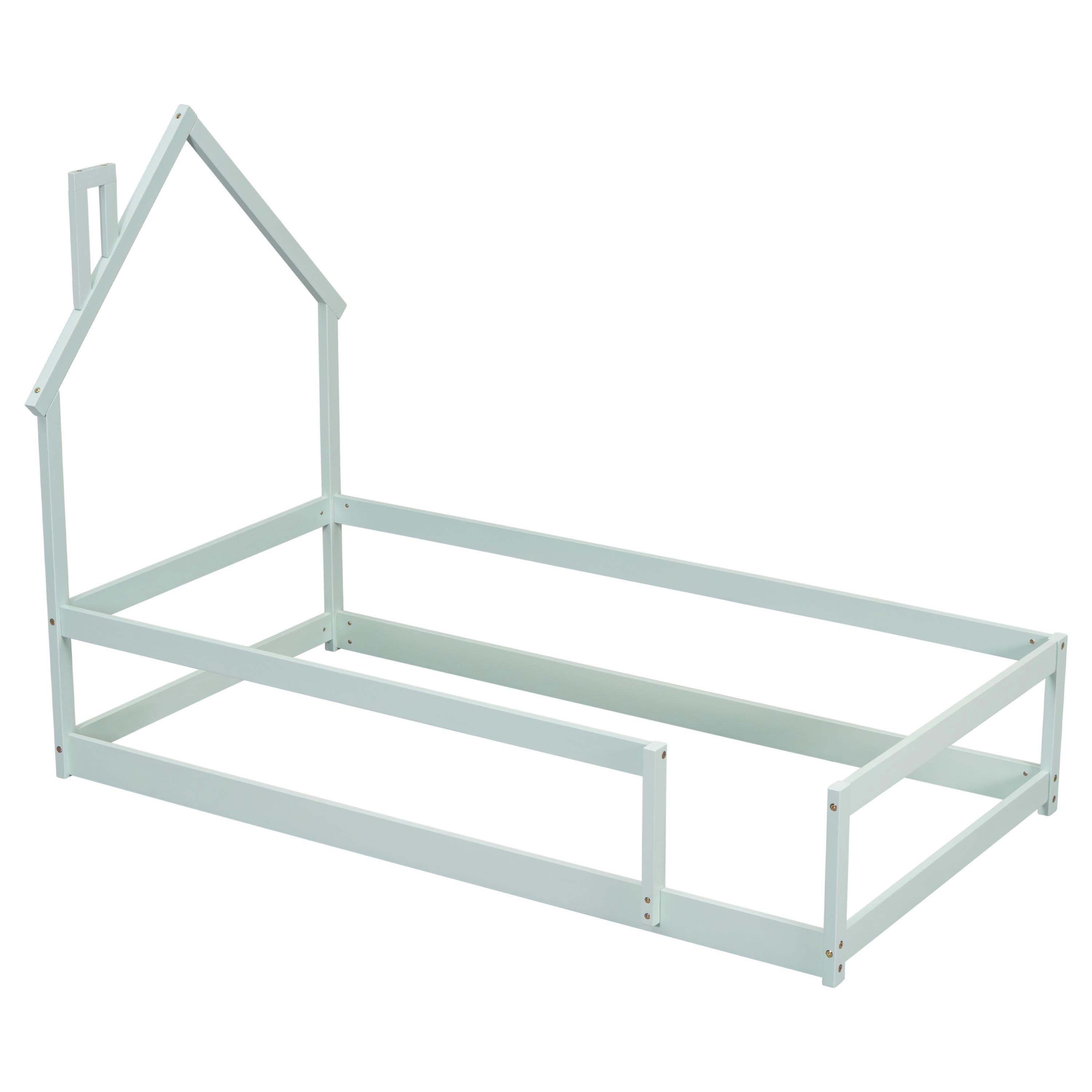 PORKISS Twin Size Floor Bed, Montessori Bed for Kids with Fence, House-shaped Headboard, Light Green