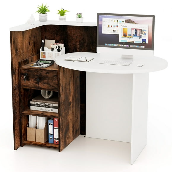 Giantex Reception Desk, Computer Workstation w/Lockable Drawer & Open Shelves, Checkout Counter, White & Rustic Brown