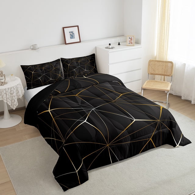 YST Geometric Comforter Set, Geometry Irregular Diamond Pattern Bedding Set For Kids Teens Adult, Lightweight Microfiber Quilt All Season - 1 Comforter, 2 Pillow Cases(Black Yellow, Queen)