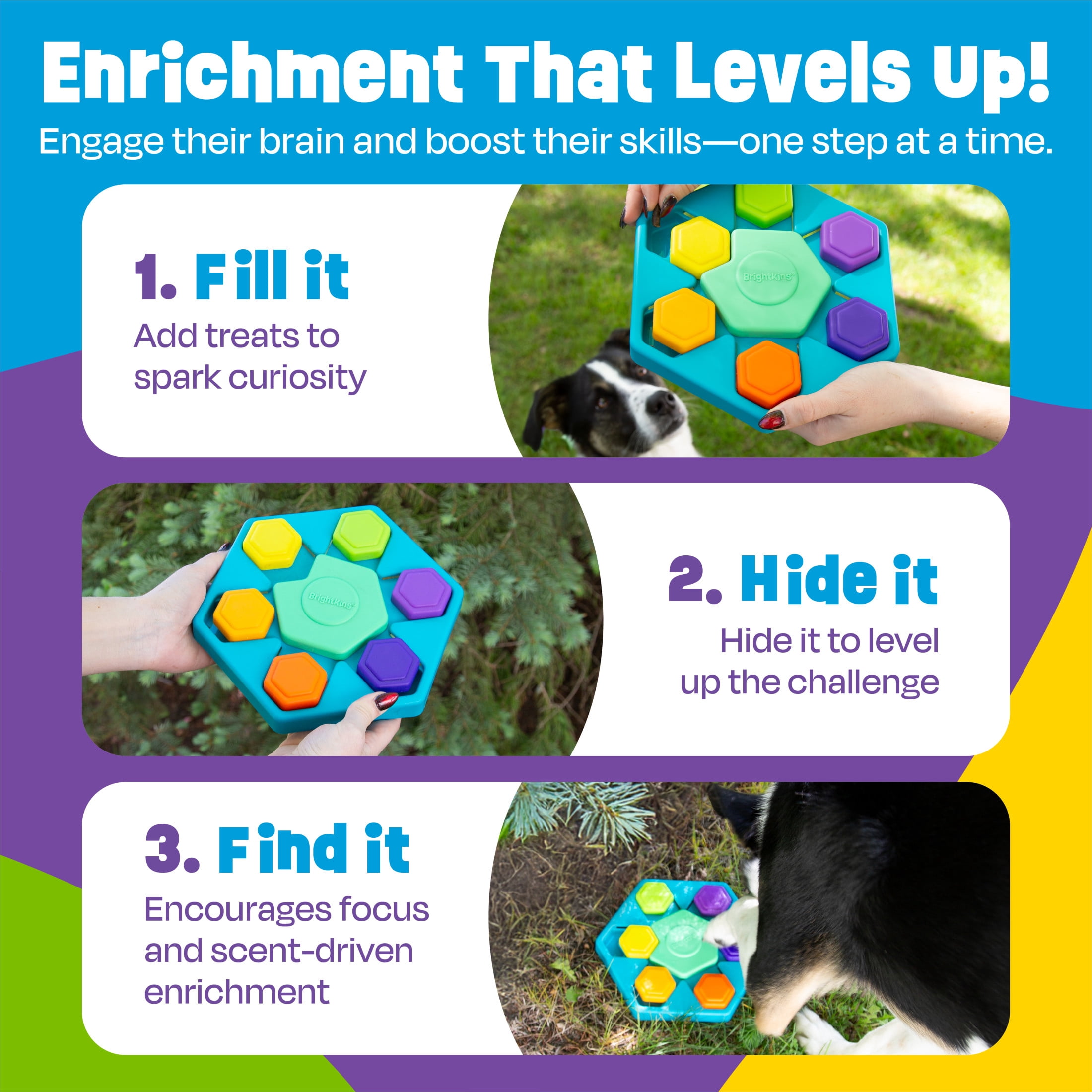 Brightkins  Spin & Seek Hexagon Treat Puzzle, Enrichment Slow Feeder Bowls, Interactive Dog Toys