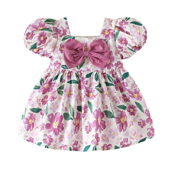 MIXUE Toddler Girls Casual Dresses Summer Floral Print Square Collar Ruffled Bowknot Short Sleeve A Line Casual Party Princess Dress Holiday Wear,Pink,2-3 Years