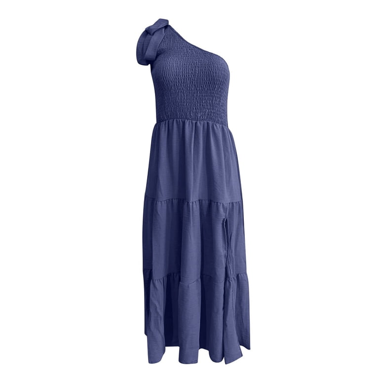 knee length dresses for ladies Yellow One Shoulder Floral Tiered Midi Dress