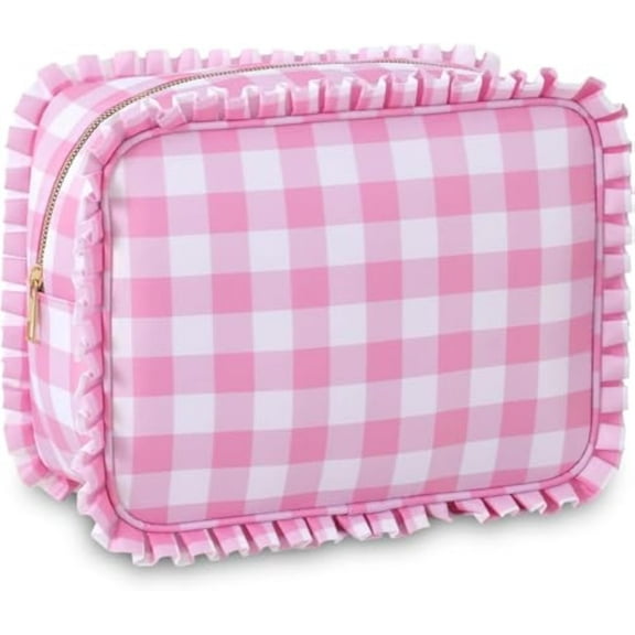 Ruffle Pouch Bag,Gingham Ruffle Makeup Bag,Large Capacity Travel Cute Toiletry Cosmetic Bags for Women (Pink)