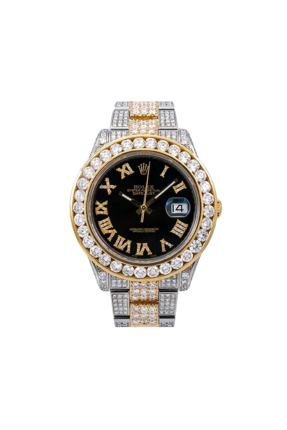 Pre-Owned Rolex Datejust II 41MM 116333 Black Roman Diamond Dial Diamond Bezel Two Tone Yellow Gold Full Diamond Oyster Bracelet 16.25ct