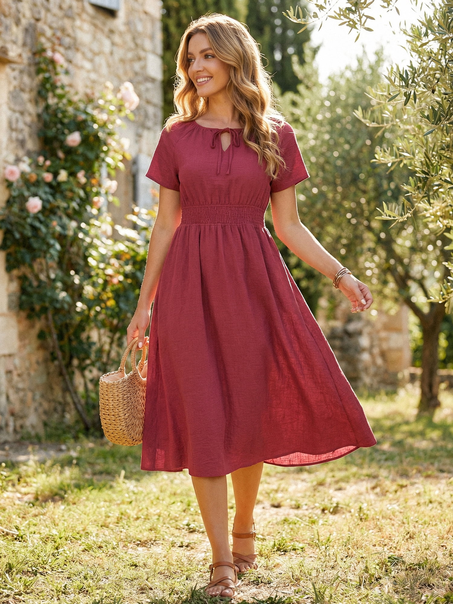 DARING DIVA Women's Smocked Tie V Neck Short Sleeve Flowy Midi Dress L Wine Red