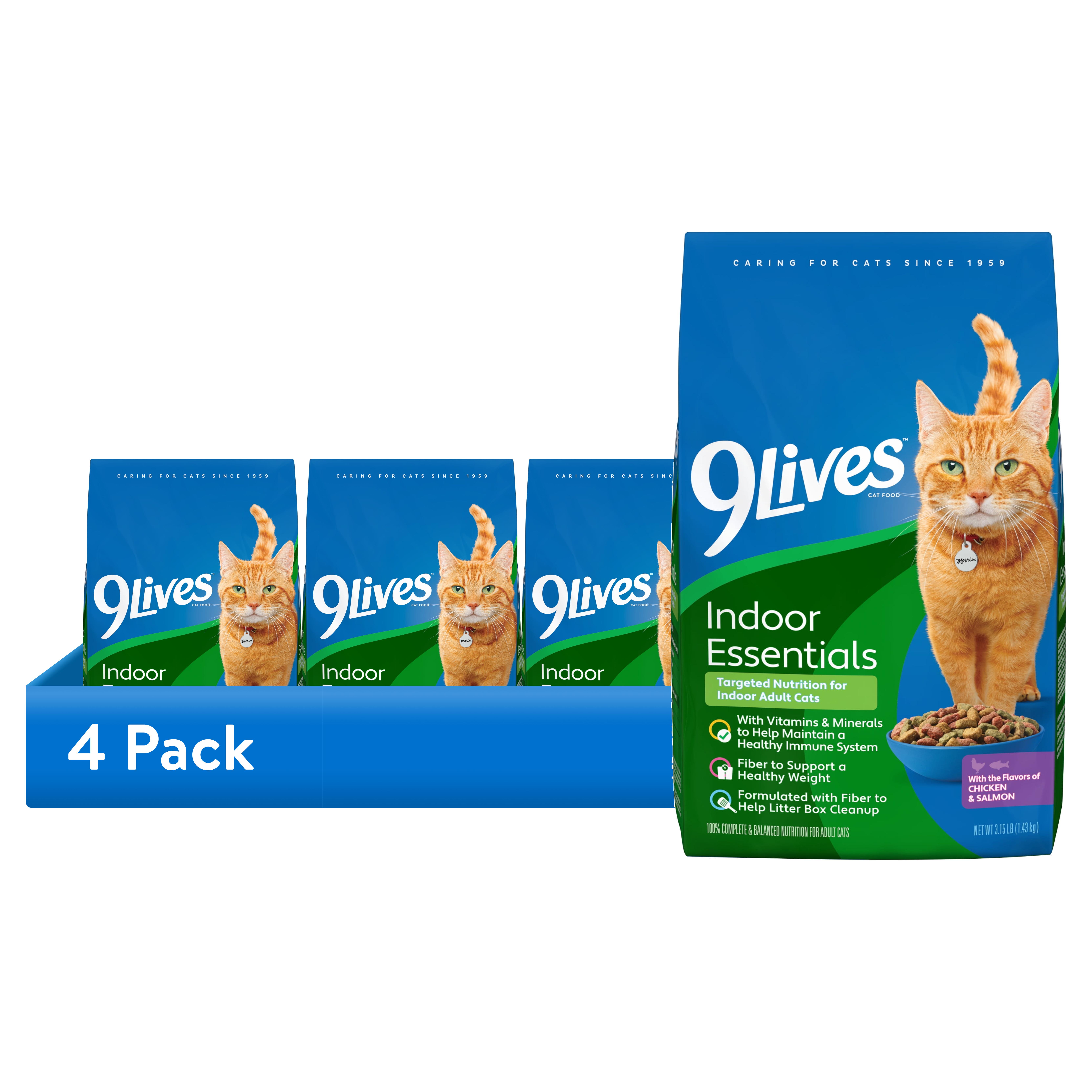 (4 pack) 9Lives Indoor Essentials Dry Cat Food for Adult Cats with Chicken & Salmon Flavors, 3.15 lb. Bag