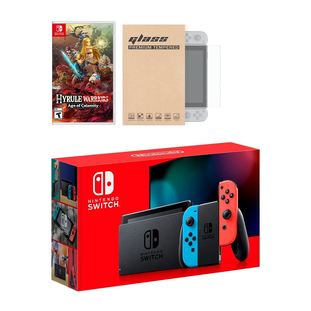 Nintendo Switch Neon Red Blue Joy Con Console Hyrule Warriors Age of Calamity Bundle with Mytrix Tempered Glass Screen Protector Improved Battery