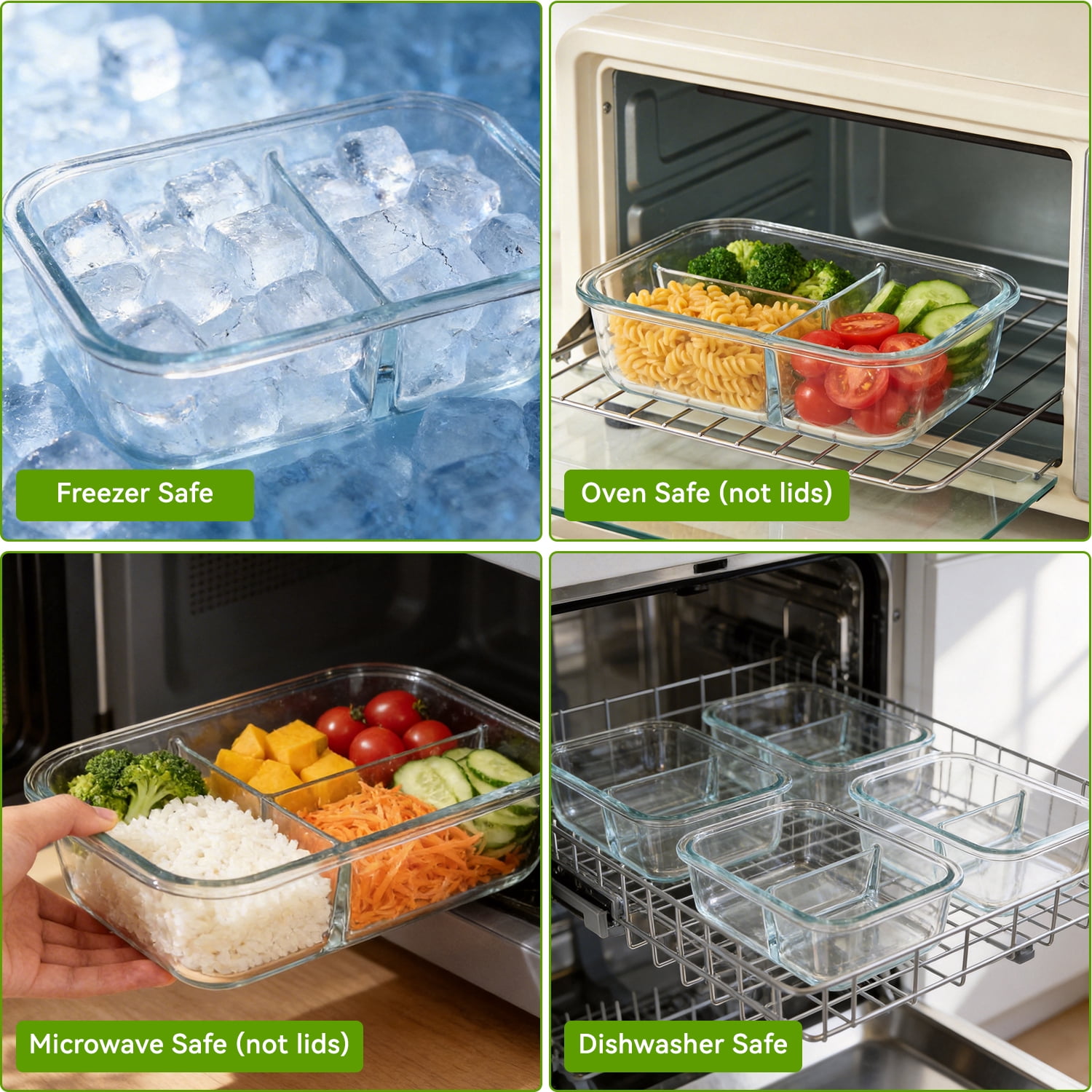 5 Pack 36oz Glass Meal Prep Containers with Lids, 1&2&3 Compartment Airtight Glass Food Storage, Microwave & Dishwasher Safe, Blue