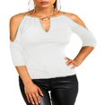thumbnail image 1 of PENGXIANG Femmes Ouvert Froid Épaule Coupe Slim Manches Courtes Tee-Shirt Blouse Décontractée Tops, 1 of 4