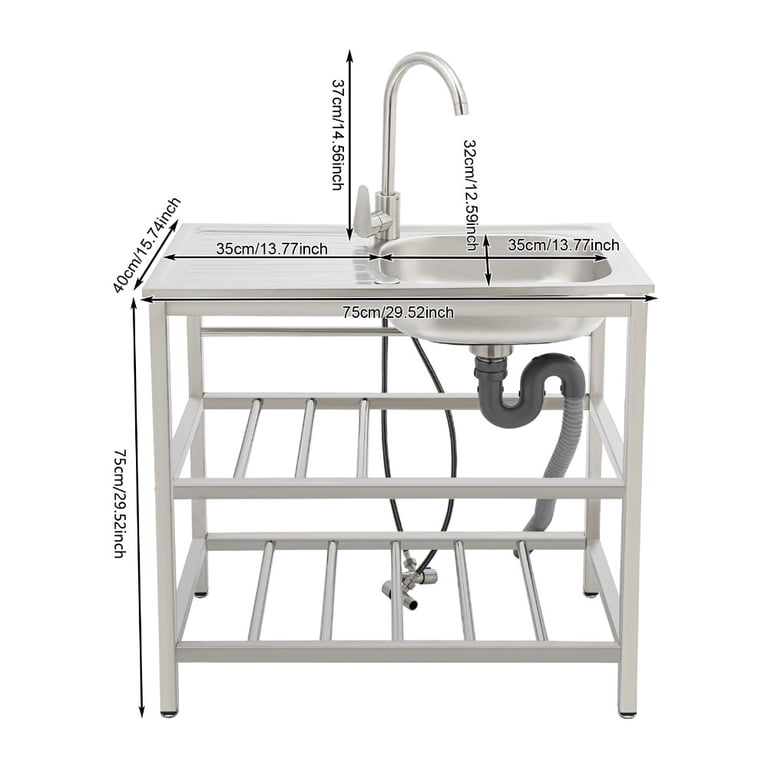 Outdoor Stainless Steel Utility Sink With Cabinet – Freestanding Workbench & Storage Shelves, Includes Faucet – Perfect For Garage, Laundry, Or Commercial Use (Right Side)