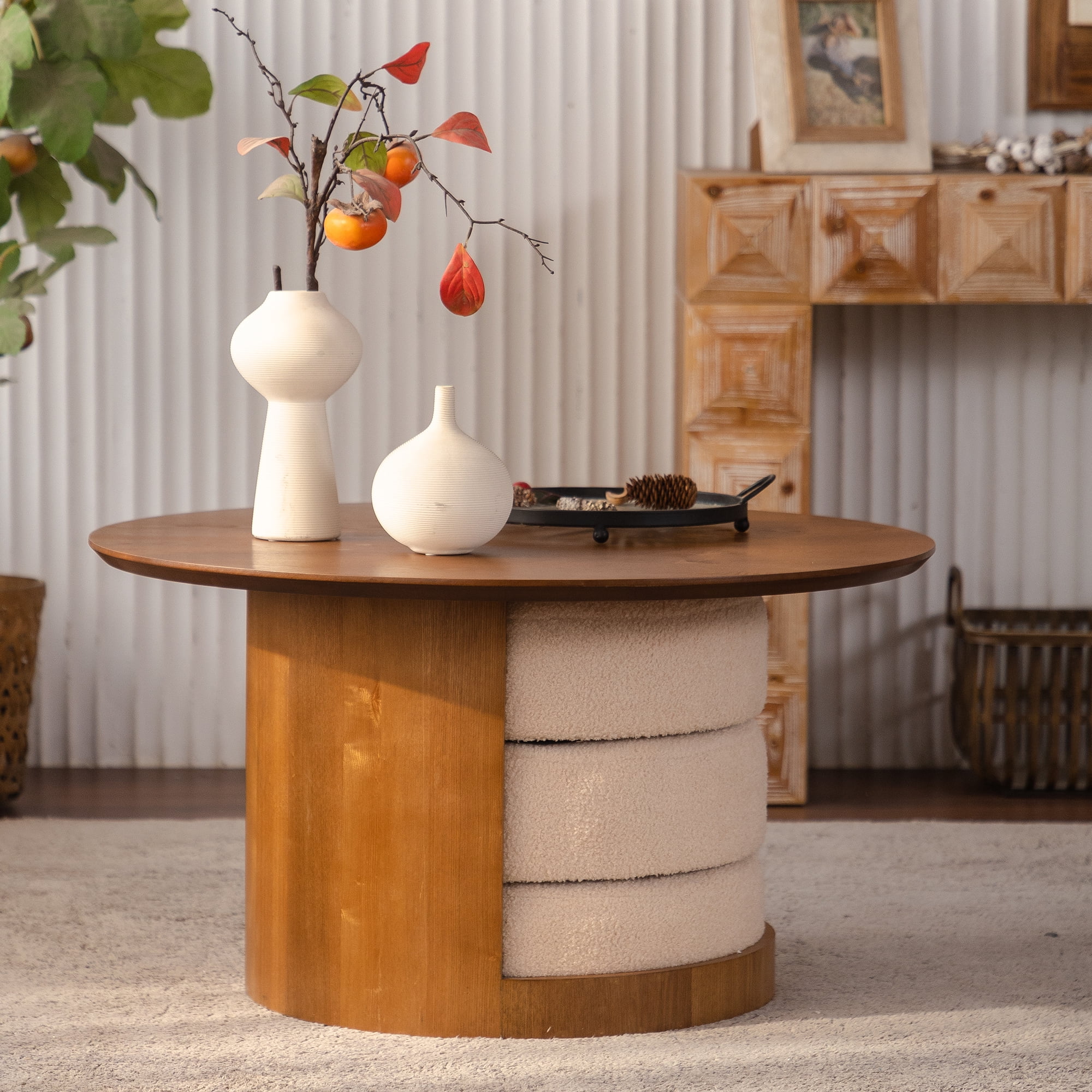 Leumius Round Wood Coffee Table with 3 Teddy Fabric Nesting Stools, Farmhouse Multifunctional Center Table Set with Hidden Storage for Living Room