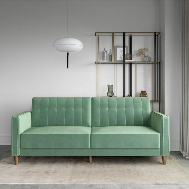 DHP Pin Tufted Transitional Futon and Sofa Bed, Light Green Velvet