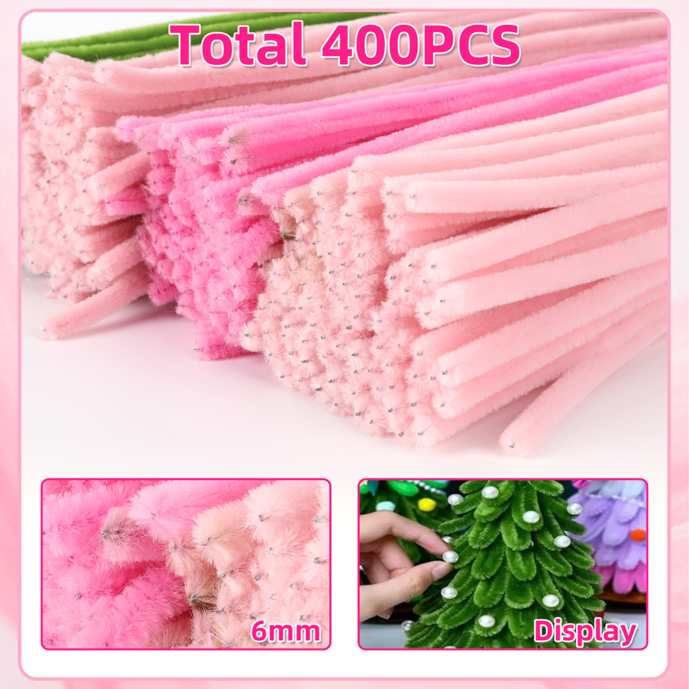Yucurem 400PCS Pipe Cleaners Craft, 4 Assorted Colors Pipe Cleaners Bulk, Chenille Stems for DIY Flower Making Kit with Floral Wires, Gardening Tape,Stamen& Ribbon (Pink)