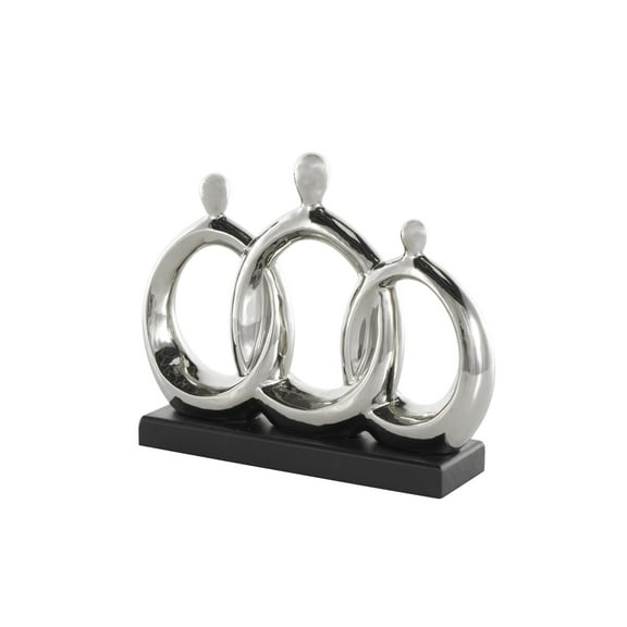 12" x 10" Silver Ceramic 3 Figure Family Sculpture with Black Rectangular Base, by DecMode