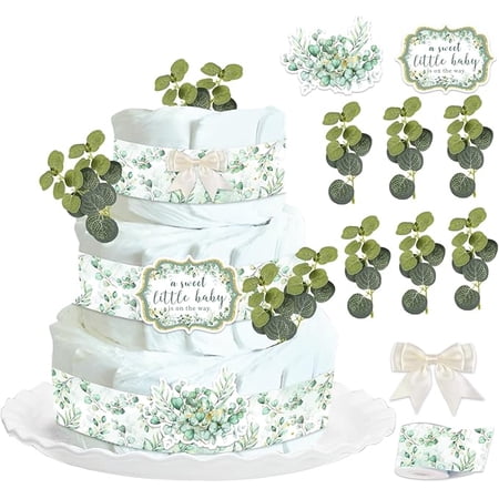 Sage Green Diaper Cake Decorations for Baby Shower Party, Greenery A Sweet Little Baby Is on the Way Baby Shower Cards Sage Grosgrain Ribbon Artificial Eucalyptus Leaf Bows Decor Supplies