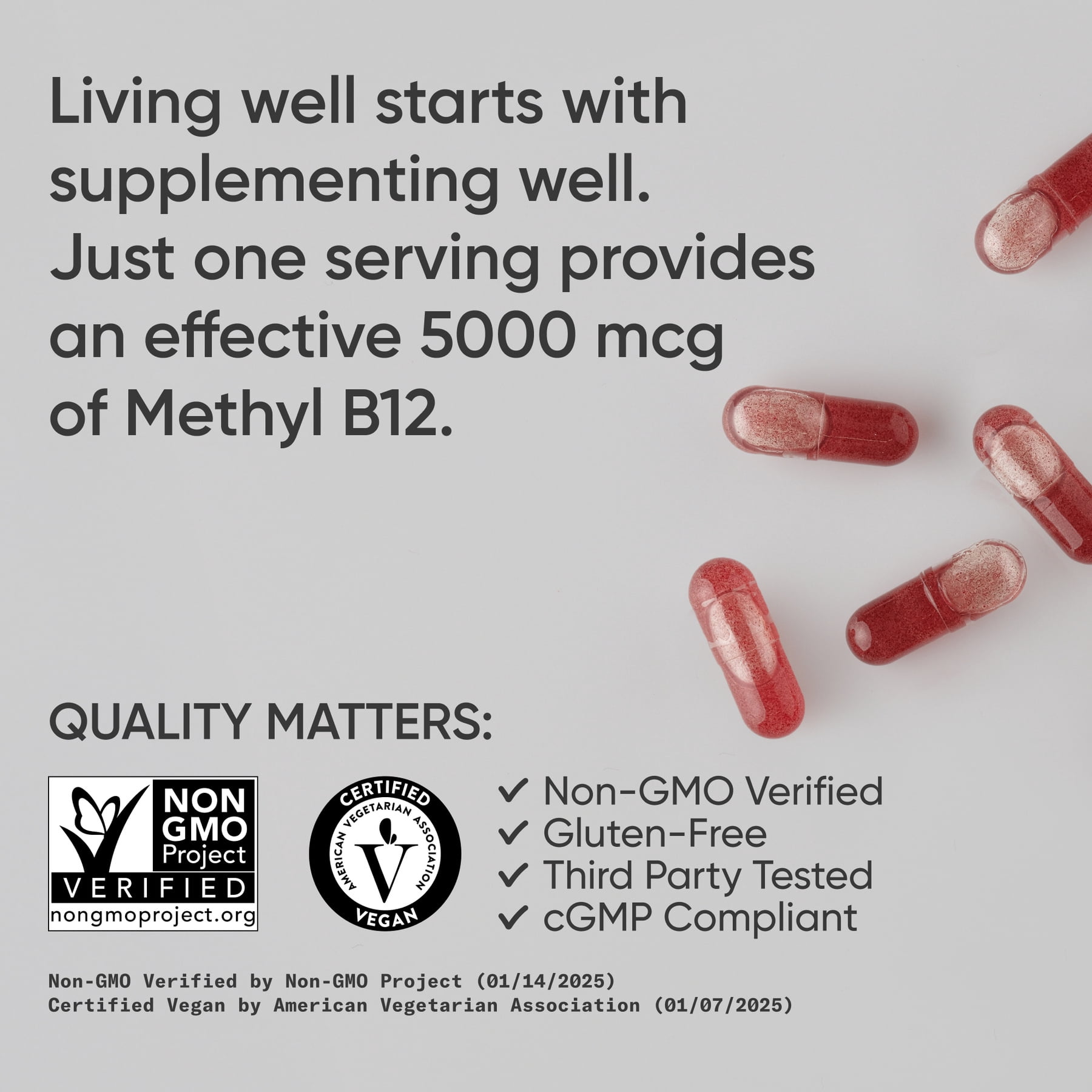 Sports Research® Vitamin B12 (Methylcobalamin) 5000mcg (High Potency) + Coconut MCT Oil for Energy Support Vegan Certified Non-GMO Gluten Free 120 ct