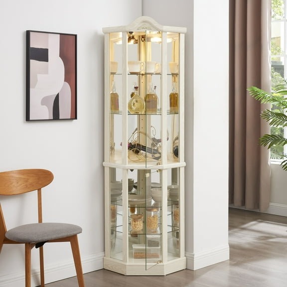 Lighted Corner Curio Cabinet with Glass Shelves and Carved Details, White Display Cabinet with Adjustable Shelves and Built-In Lighting for Home Decor and Collectibles