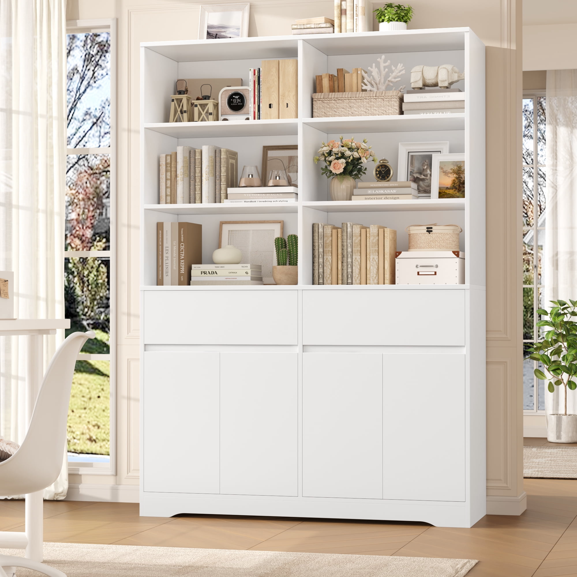 Hiphuta 69"H Modern Bookcases with Doors & Drawers, Large Wooden Display Shelf for Home Office, Wooden Storage Bookshelf for Living Room, White
