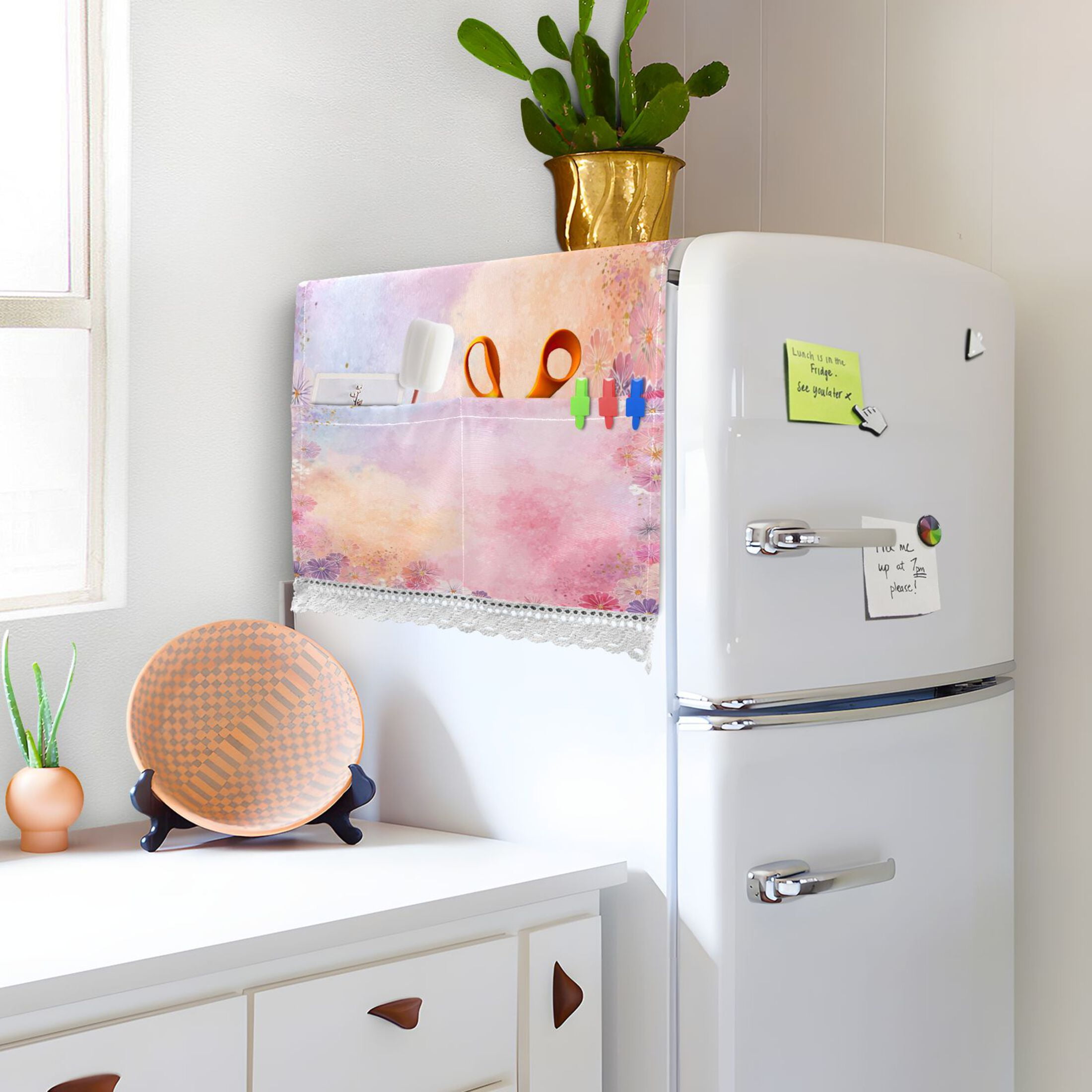 Dustproof Washing Machine Cloth Washer and Dryer Top Covers, Fridge Dust Cover, With Storage Bags Colorful Pastel Floral Pattern