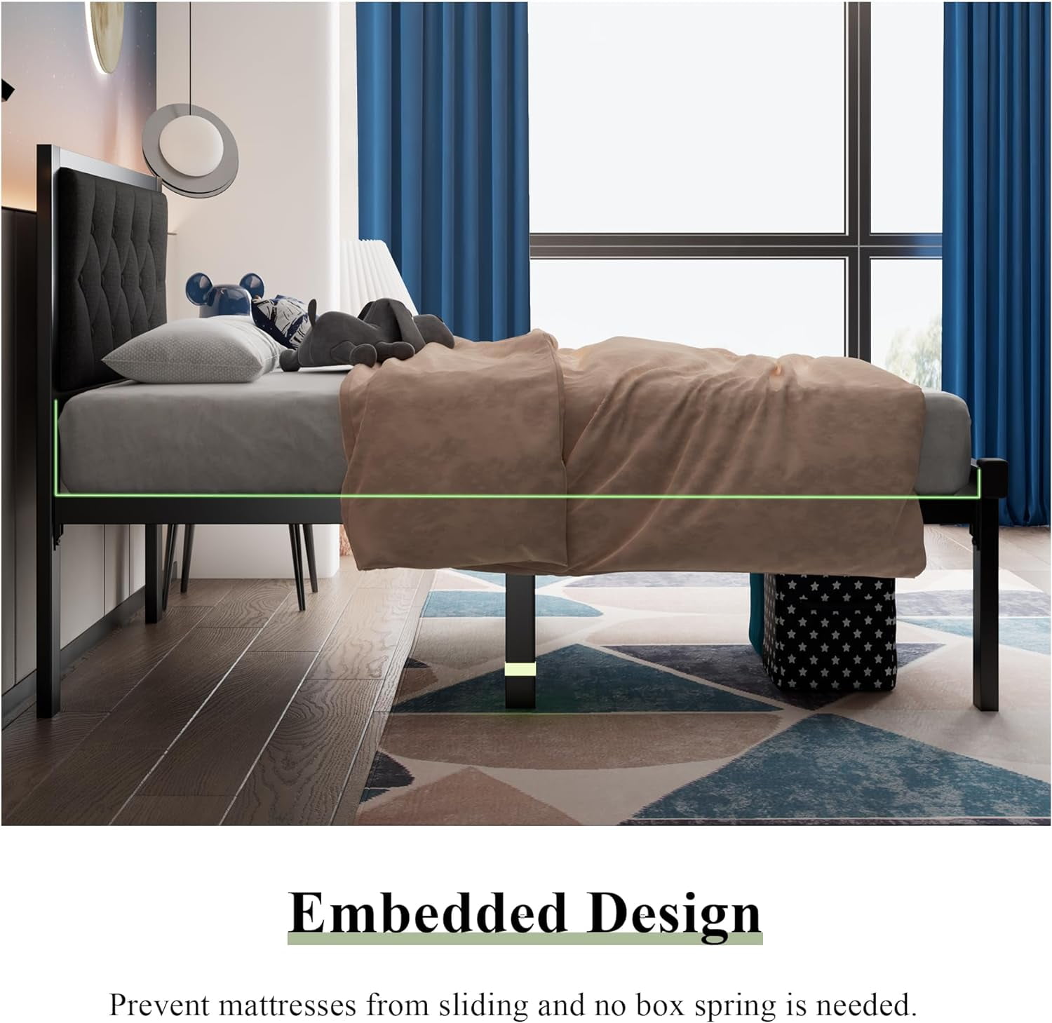 Feonase Twin Size Metal Platform Bed Frame with Linen Upholstered Headboard, 12" Under-Bed Space, Steel Slats Suppor, Black