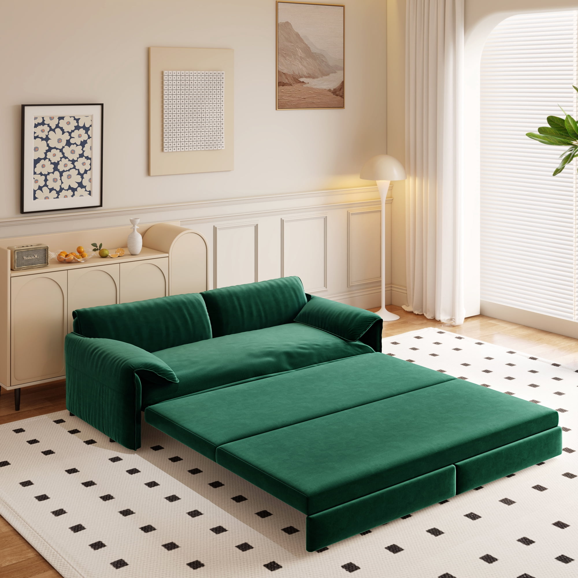 HOQBN Queen Pull Out Sofa Bed, 3-in-1 Convertible Sleeper Sofa with Side Storage,66"W Multi-Functional Velvet Loveseat Sofa Bed for Living Room,Green