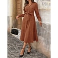thumbnail image 4 of Women's Long Sleeve Button Front Belted Midi Dress 95% Polyester 5% Elastane for Elegant Everyday Wear For Daily Use, 4 of 11
