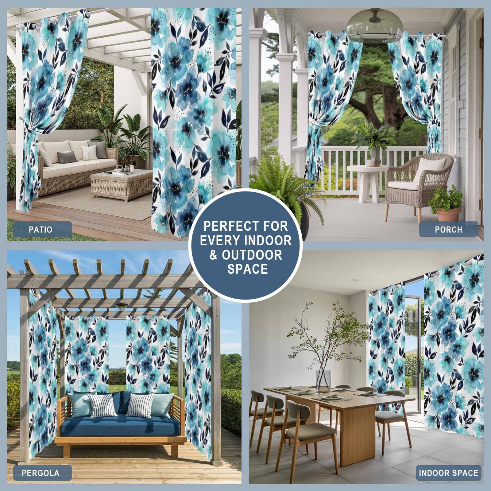 Botanical Floral Leaves Outdoor Curtains for Patio, Watercolor Painting Blue Gradient Blooms Sunshade Privacy Drapes Grommet Waterproof Outside Curtains for Porch/Cabana/Balcony 54"x 108", 1 Panel